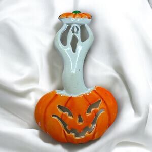 "JJ" Jonette Jewelry 'GHOST Jumping Out of PUMPKIN' Pin, Vtg Halloween Brooch